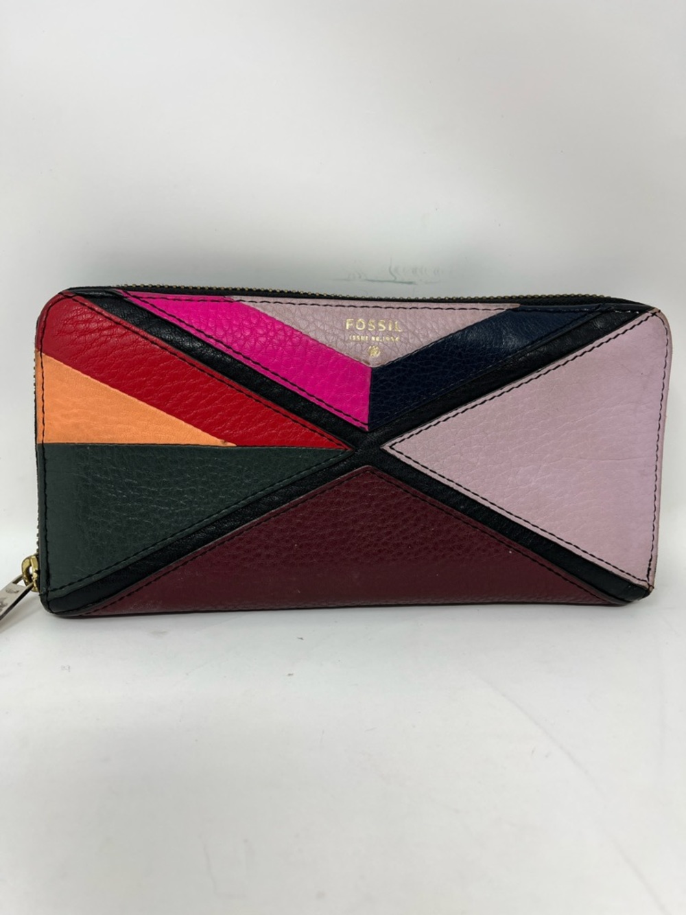 FOSSIL SYDNEY PATCHWORK LEATHER ZIP AROUND WALLET COLORFUL COWHIDE